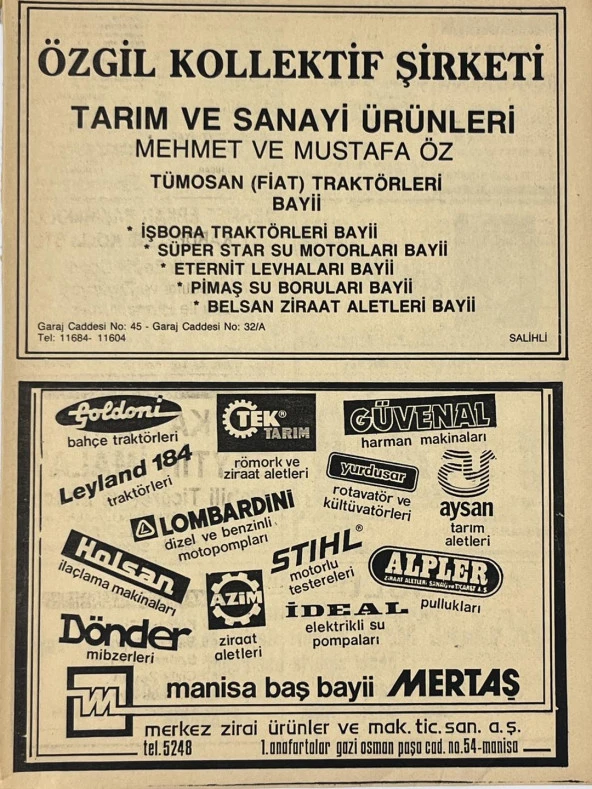 Manisa 1987 Meslek Reklam İlanı Efemera S-123