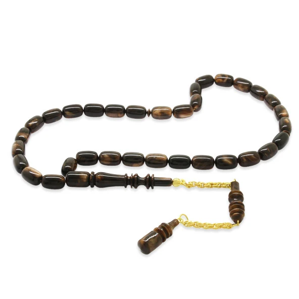 Nipora Gold Renk 925 Ayar Gümüş Püsküllü İmamesı Usta İşçilikli Kapsül Kesim Sedefli Koyu Kahverengi-Siyah Katalin Tesbih ürün görseli