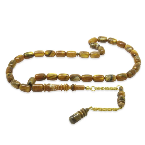 Nipora Gold Renk 925 Ayar Gümüş Püsküllü İmamesı Usta İşçilikli Kapsül Kesim Sedefli Turuncu-Beyaz Katalin Tesbih ürün görseli