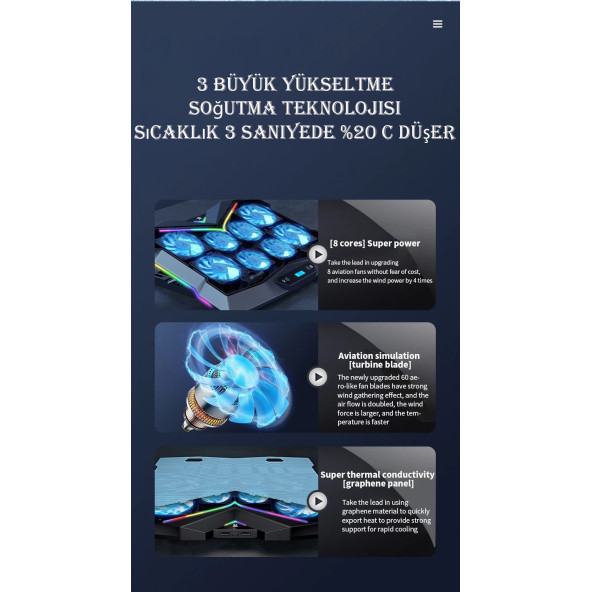 TechTic 8 Fanlı 18-11İnç RGB Işıklı Notebook Laptop Soğutucu Fan Sessiz LCD Pro Stand Çift USB 1 Type-c Giriş - 2