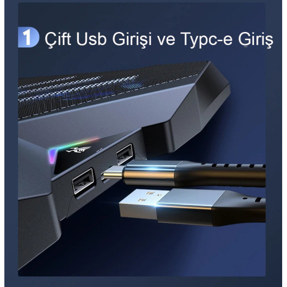TechTic 8 Fanlı 18-11İnç RGB Işıklı Notebook Laptop Soğutucu Fan Sessiz LCD Pro Stand Çift USB 1 Type-c Giriş - 3