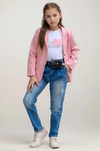 Kız Çocuk Kalp ve Little Baskılı Tişört ve Jean Pudra Blazer Ceket Alt Üst Takım