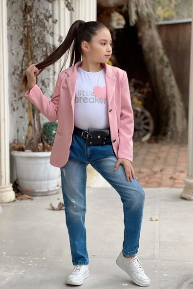 Kız Çocuk Kalp ve Little Baskılı Tişört ve Jean Pudra Blazer Ceket Alt Üst Takım - 7
