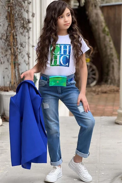 Kız Çocuk Üzeri Harf Pulpayet Tişört ve Jean Saks Mavisi Blazer Ceket Alt Üst Takım - 9