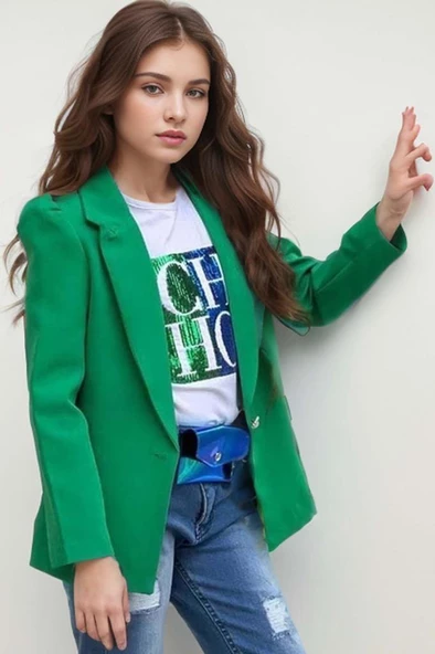 Kız Çocuk Üzeri Harf Pulpayet Tişört ve Jean Yeşil Blazer Ceket Alt Üst Takım - 3