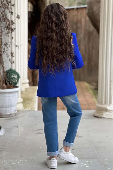 Kız Çocuk Üzeri Harf Pulpayet Tişört ve Jean Saks Mavisi Blazer Ceket Alt Üst Takım - 4
