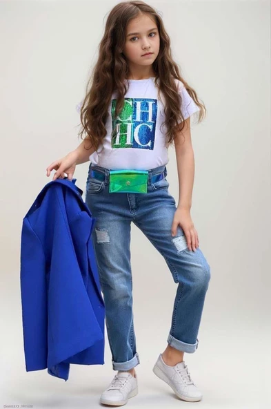 Kız Çocuk Üzeri Harf Pulpayet Tişört ve Jean Saks Mavisi Blazer Ceket Alt Üst Takım - 2