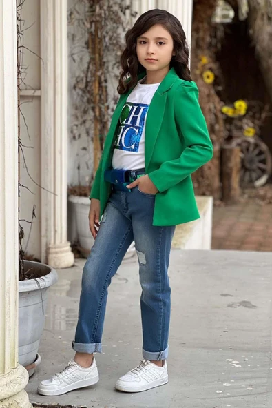 Kız Çocuk Üzeri Harf Pulpayet Tişört ve Jean Yeşil Blazer Ceket Alt Üst Takım - 7