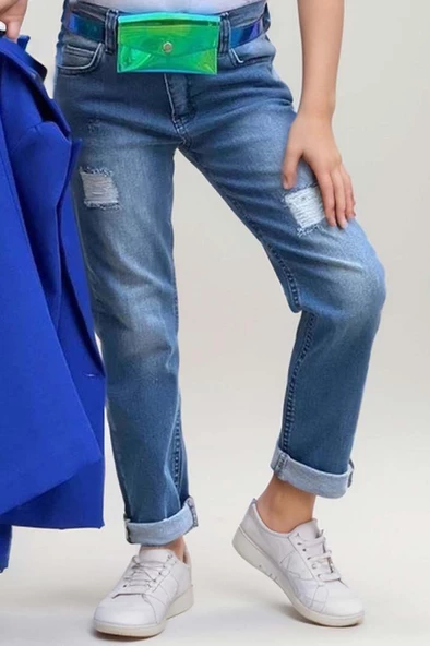 Kız Çocuk Üzeri Harf Pulpayet Tişört ve Jean Saks Mavisi Blazer Ceket Alt Üst Takım - 4