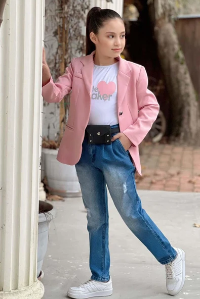 Kız Çocuk Kalp ve Little Baskılı Tişört ve Jean Pudra Blazer Ceket Alt Üst Takım - 8