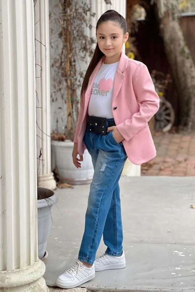 Kız Çocuk Kalp ve Little Baskılı Tişört ve Jean Pudra Blazer Ceket Alt Üst Takım - 6