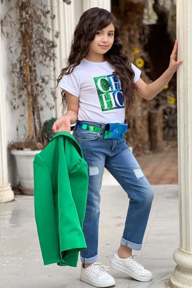 Kız Çocuk Üzeri Harf Pulpayet Tişört ve Jean Yeşil Blazer Ceket Alt Üst Takım - 10