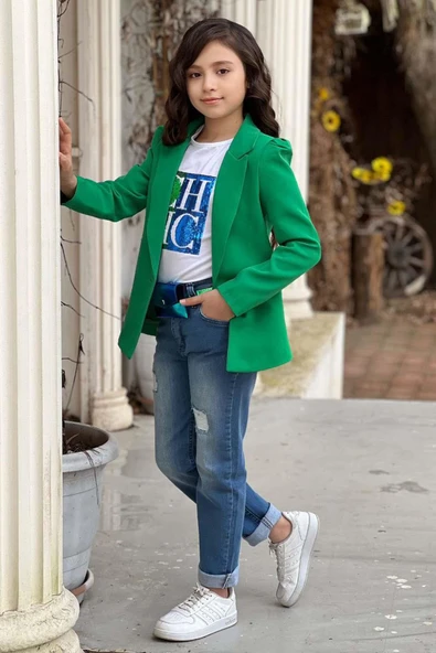 Kız Çocuk Üzeri Harf Pulpayet Tişört ve Jean Yeşil Blazer Ceket Alt Üst Takım - 6