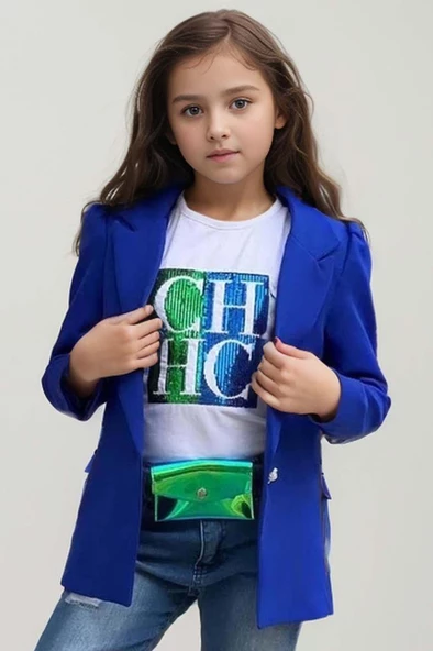 Kız Çocuk Üzeri Harf Pulpayet Tişört ve Jean Saks Mavisi Blazer Ceket Alt Üst Takım - 3