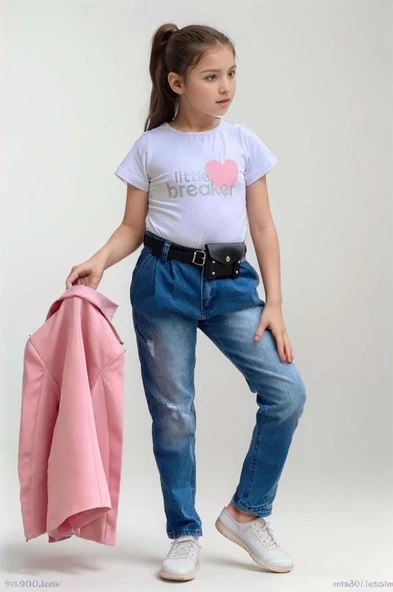 Kız Çocuk Kalp ve Little Baskılı Tişört ve Jean Pudra Blazer Ceket Alt Üst Takım - 2