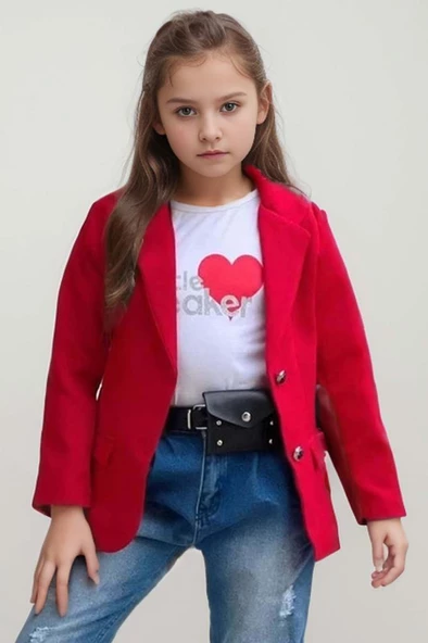 Kız Çocuk Kalp ve Little Baskılı Tişört ve Jean Kırmızı Blazer Ceket Alt Üst Takım - 3