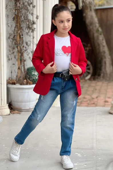Kız Çocuk Kalp ve Little Baskılı Tişört ve Jean Kırmızı Blazer Ceket Alt Üst Takım - 8
