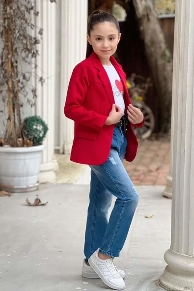 Kız Çocuk Kalp ve Little Baskılı Tişört ve Jean Kırmızı Blazer Ceket Alt Üst Takım - 7