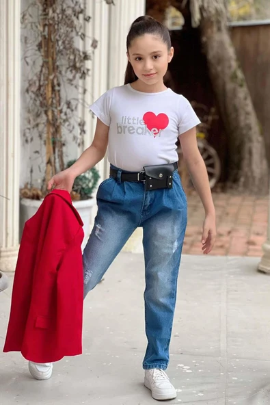 Kız Çocuk Kalp ve Little Baskılı Tişört ve Jean Kırmızı Blazer Ceket Alt Üst Takım - 11