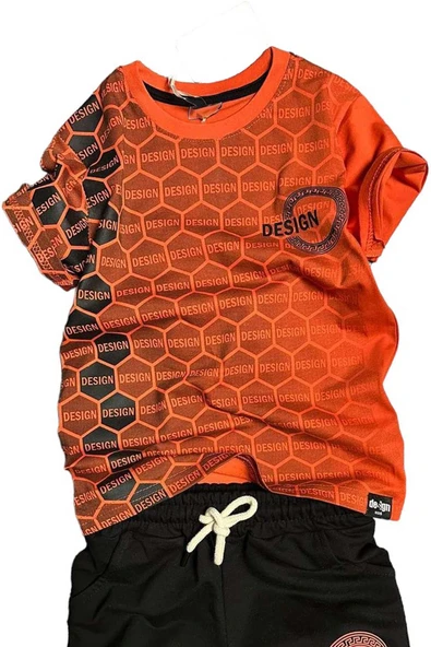 Erkek Çocuk Bal Peteği Desen ve Design Baskılı Vermilion Şortlu Takım - 2