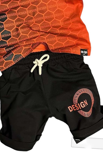 Erkek Çocuk Bal Peteği Desen ve Design Baskılı Vermilion Şortlu Takım - 3