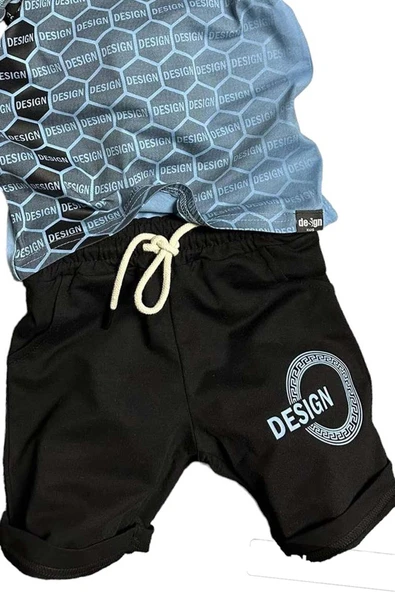 Erkek Çocuk Bal Peteği Desen ve Design Baskılı Savoy Mavisi Şortlu Takım - 3