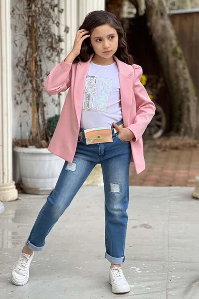 Kız Çocuk Üzeri Harf Pulpayet Tişört ve Jean Pudra Blazer Ceket Alt Üst Takım - 7