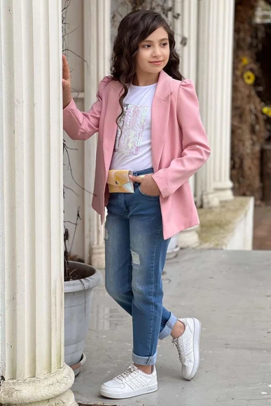 Kız Çocuk Üzeri Harf Pulpayet Tişört ve Jean Pudra Blazer Ceket Alt Üst Takım - 6