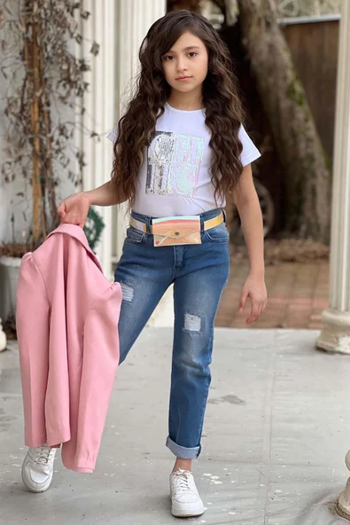 Kız Çocuk Üzeri Harf Pulpayet Tişört ve Jean Pudra Blazer Ceket Alt Üst Takım - 8