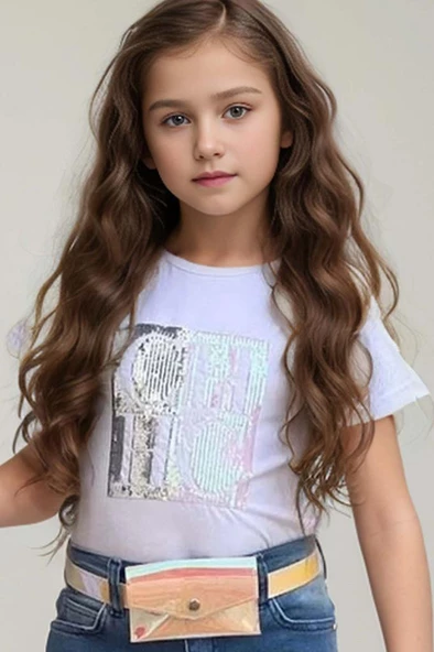 Kız Çocuk Üzeri Harf Pulpayet Tişört ve Jean Pudra Blazer Ceket Alt Üst Takım - 4