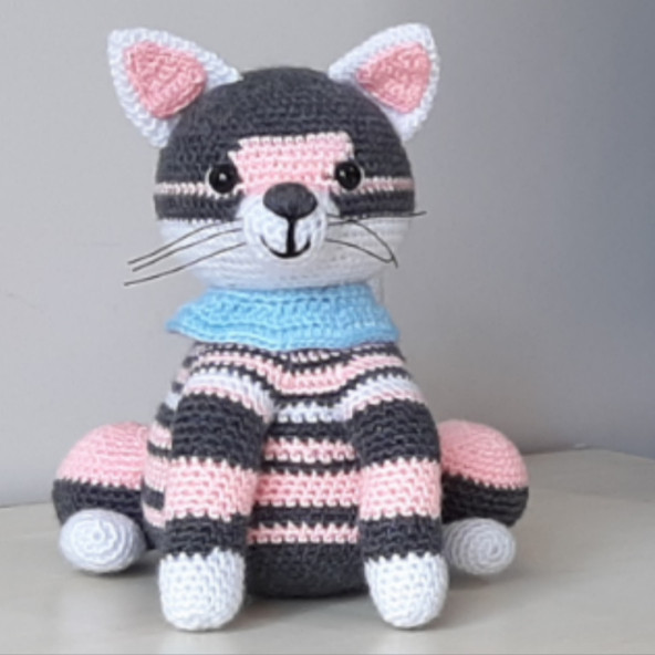 Amigurumi Örgü Oyuncak Kedi Gri Pembe