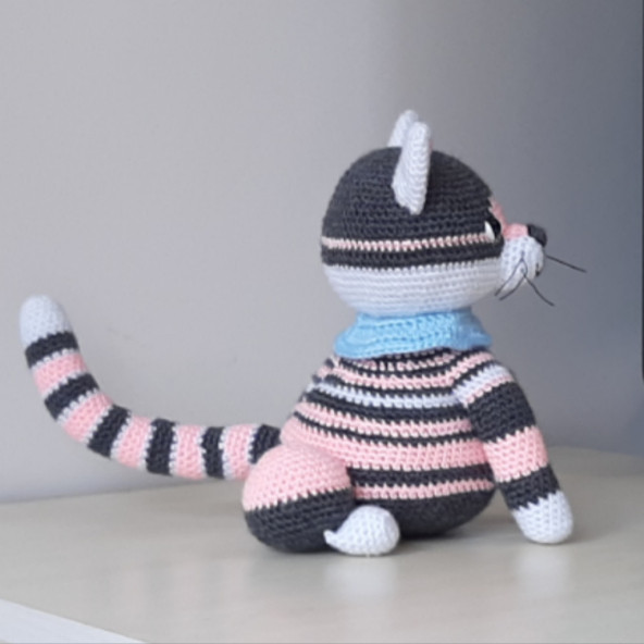 Amigurumi Örgü Oyuncak Kedi Gri Pembe - 2
