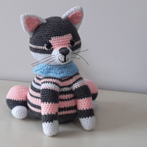 Amigurumi Örgü Oyuncak Kedi Gri Pembe - 3