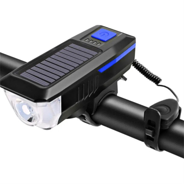 TechTic Güneş Enerejili Bisiklet Feneri Korna Su Geçirmez Solar Scooter Işık Şarj Edilebilir Ön Far (Mavi) - 2