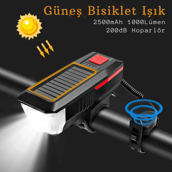 TechTic Güneş Enerejili Bisiklet Feneri Korna Su Geçirmez Solar Scooter Işık Şarj Edilebilir Ön Far (Mavi) - 9