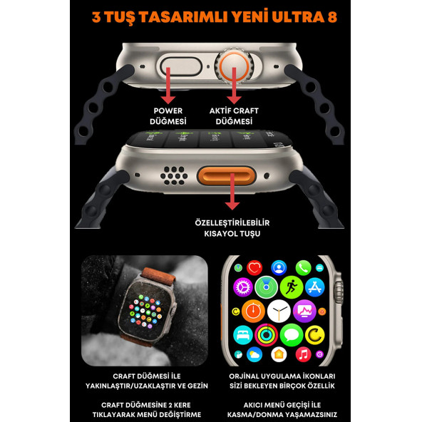Watch 8 Ultra Ios Android Uyumlu Akıllı Saat 1.99INCH Bluetooth Arama Sağlık Spor Verileri Ölçüm - 8