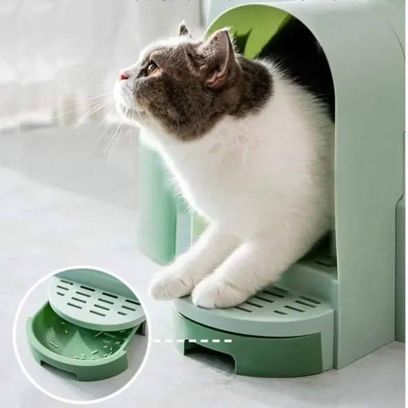 TechTic Star Tüneli Çekmeceli Kedi Tuvaleti Kürek Hediyeli Kedi Kum Kabı Yeşil - 7