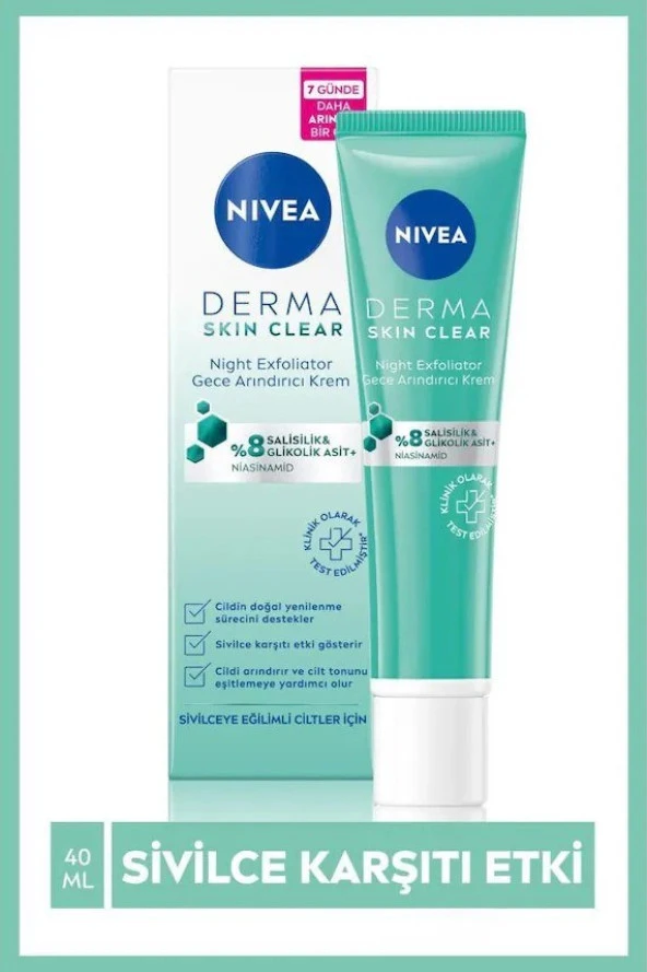 Nivea Derma Skin Clear Night Exfoliator Gece Arındırıcı Krem 40ml, %8 Glikolik Asit (AHA) ve Salisil