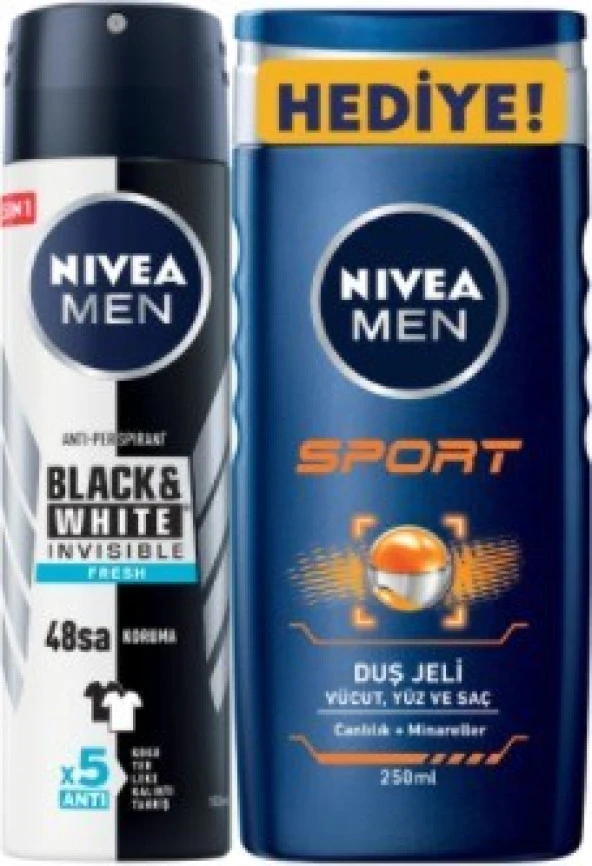 Nivea Men Black & White Invisible Fresh Erkek Deodorant Sprey 150 ml + Sport Duş Jeli 250 ml