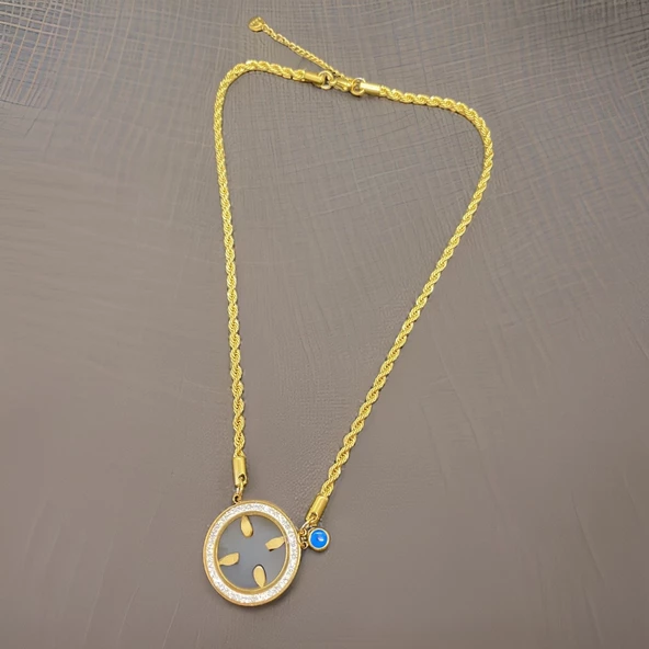 Çeyreklik Model Nazar Boncuk Detaylı Parlak Taşlı Gold Renk Antialerjik Çelik Kolye - Şans ve Şıklık