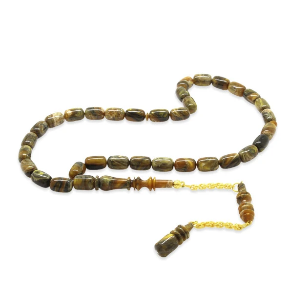 Nipora Gold Renk 925 Ayar Gümüş Püsküllü İmamesı Usta İşçilikli Kapsül Kesim Sedefli Koyu Kahverengi-Beyaz Katalin Tesbih ürün görseli