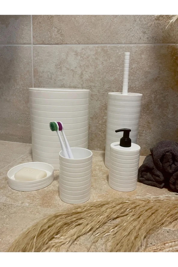TOPTANBULURUM Banyo Seti 5'li Beyaz Çöp Kovası Wc Fırçalık Sıvı Sabunluk Katı Sabunluk