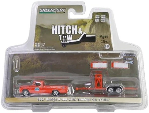 Greenlight 1967 Dodge D-100 with Tandem Car Trailer 1/64 Model Araba ürün görseli 1