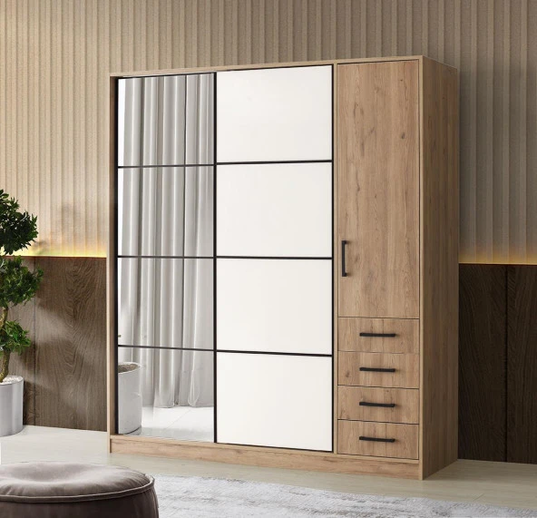 Erezoğulları Mobilya Damla Meşe Modern Sürgülü Aynalı Elbise Dolabı Gardrop 180x60x210cm