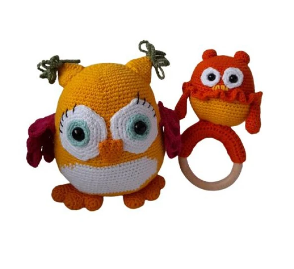 Baykuş Uyku Arkadaşı ve Çıngırak Amigurumi Organik Oyuncak - 1