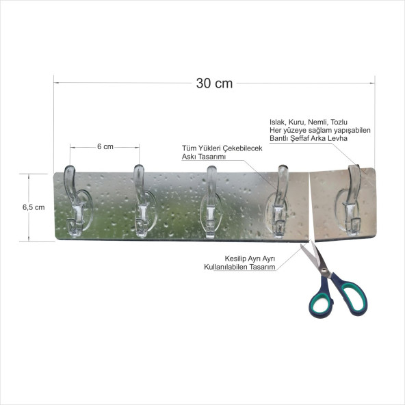 Islak Kuru Tozlu Nemli Fayansa Tahtaya Cama Her Yüzeye Sağlam Yapışan 5 li Kesilebilir Şeffaf Askı - 2