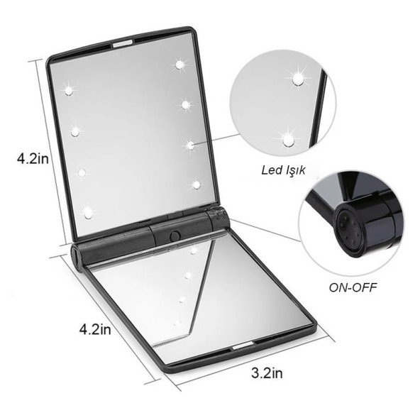 TechTic Katlanır Mini Işıklı Makyaj Aynası Cep Çanta Aynası 8 LED Pilli(23A 12V Pil Dahildir) Pembe - 4