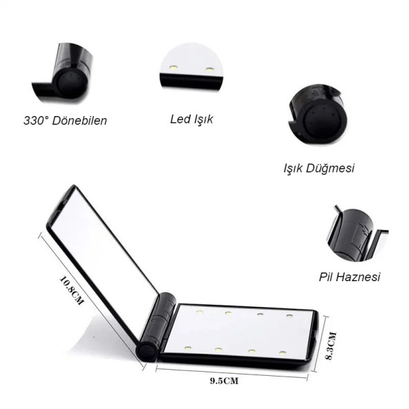 TechTic Katlanır Mini Işıklı Makyaj Aynası Cep Çanta Aynası 8 LED Pilli(23A 12V Pil Dahildir) Pembe - 6