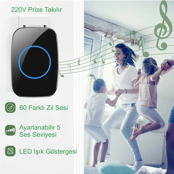 TriLine Ledli Modern Kablosuz Kapı Zili 300metre Menzil 60 Çeşit Zil 5 Seviye Ses - 2