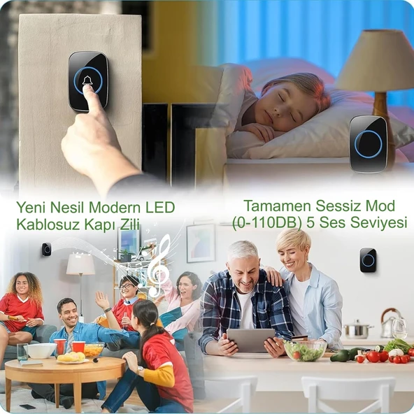 TriLine Ledli Modern Kablosuz Kapı Zili 300metre Menzil 60 Çeşit Zil 5 Seviye Ses - Resim 3